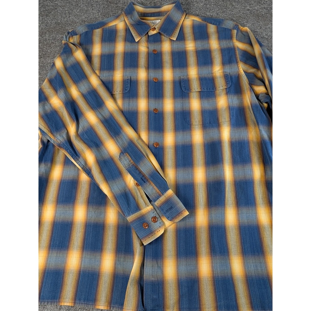Ryan Michael Mens Large Blue Yellow Ombre Plaid Cotton Western Button Down Shirt